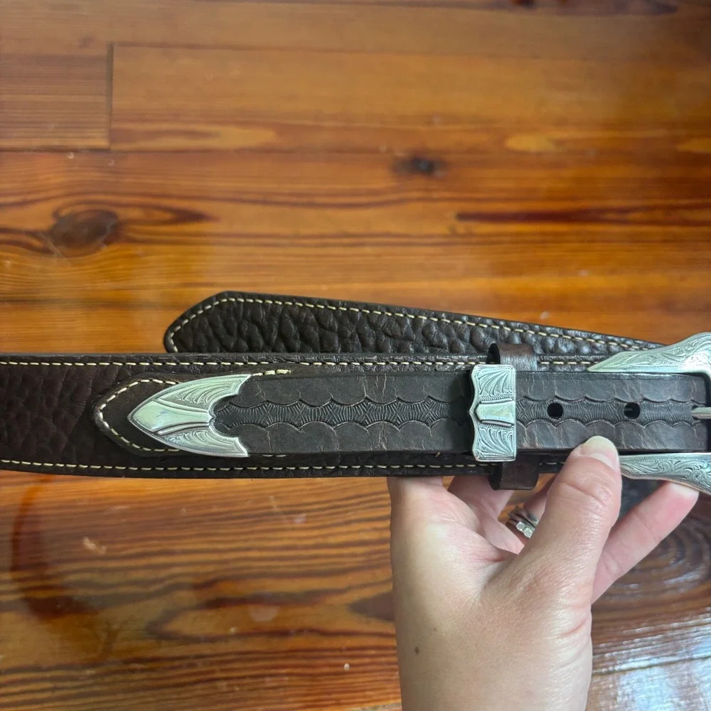 Schaefer Outfitter Western Bison Leather Ranger Belt Size 46 Brown Silver